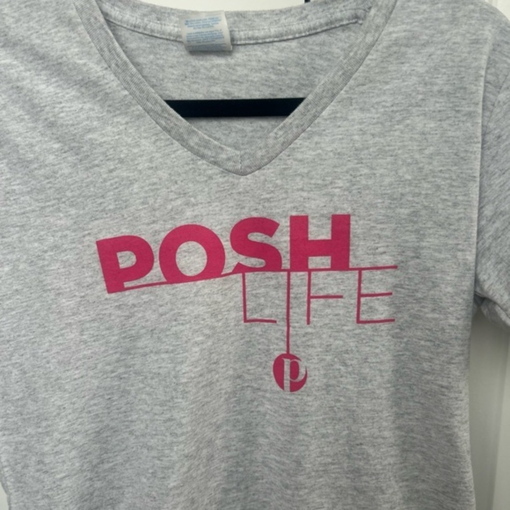 Gray V-Neck T-Shirt with Pink 'Posh Life' Print